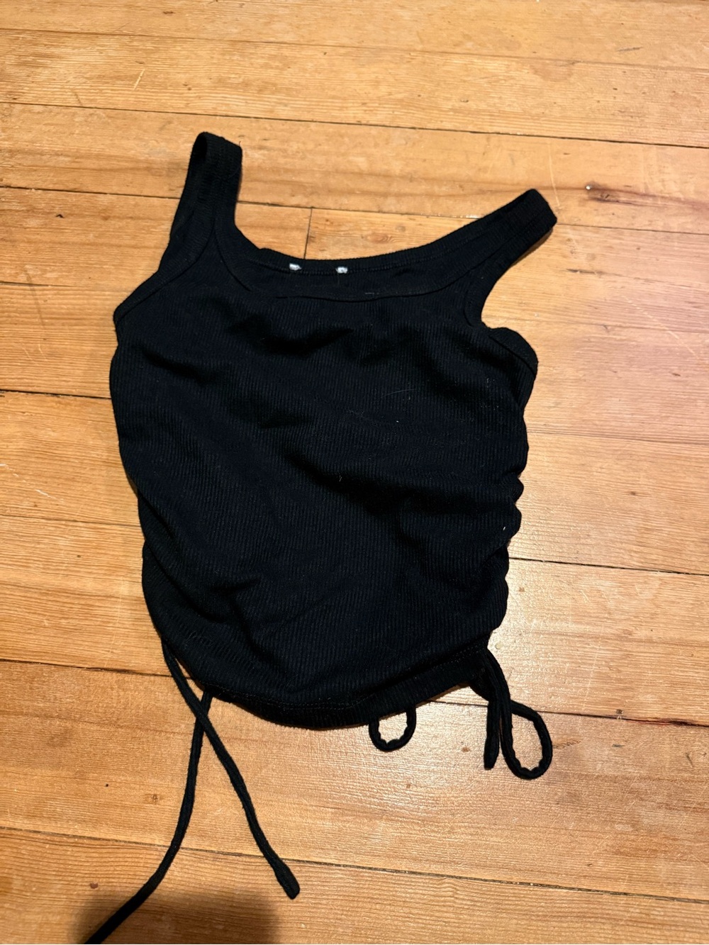 Black Ribbed Drawstring Tank Top - Women